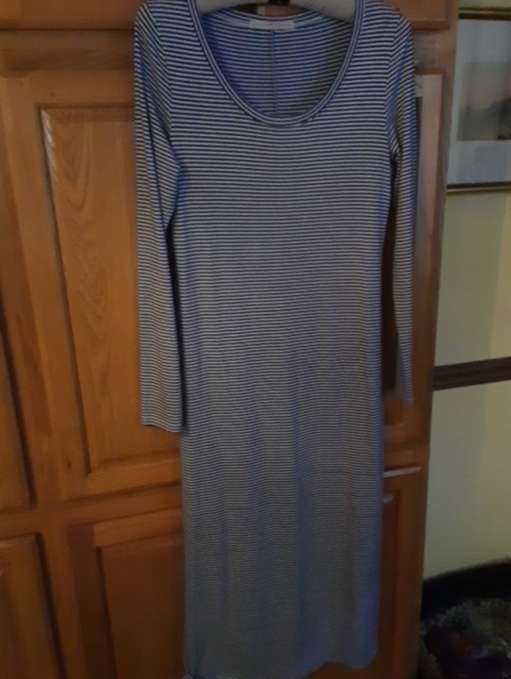 Peruvian CONNECTION Women’s BlUE and White Striped MAXI Long Sleeve Dress
